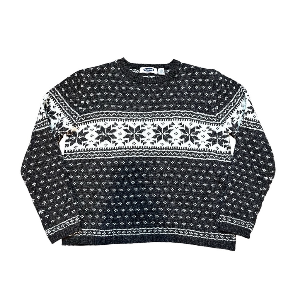 Old Navy Size Medium Wool Blend Nordic Fair‎ Isle Crewneck Sweater Grey White